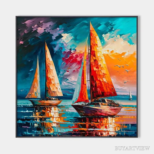 BUYARTVIEW Evening Sail – Square Sailboat Painting, Colorful Sunset - image 1