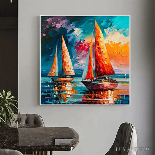 BUYARTVIEW Evening Sail – Square Sailboat Painting, Colorful Sunset - image 2