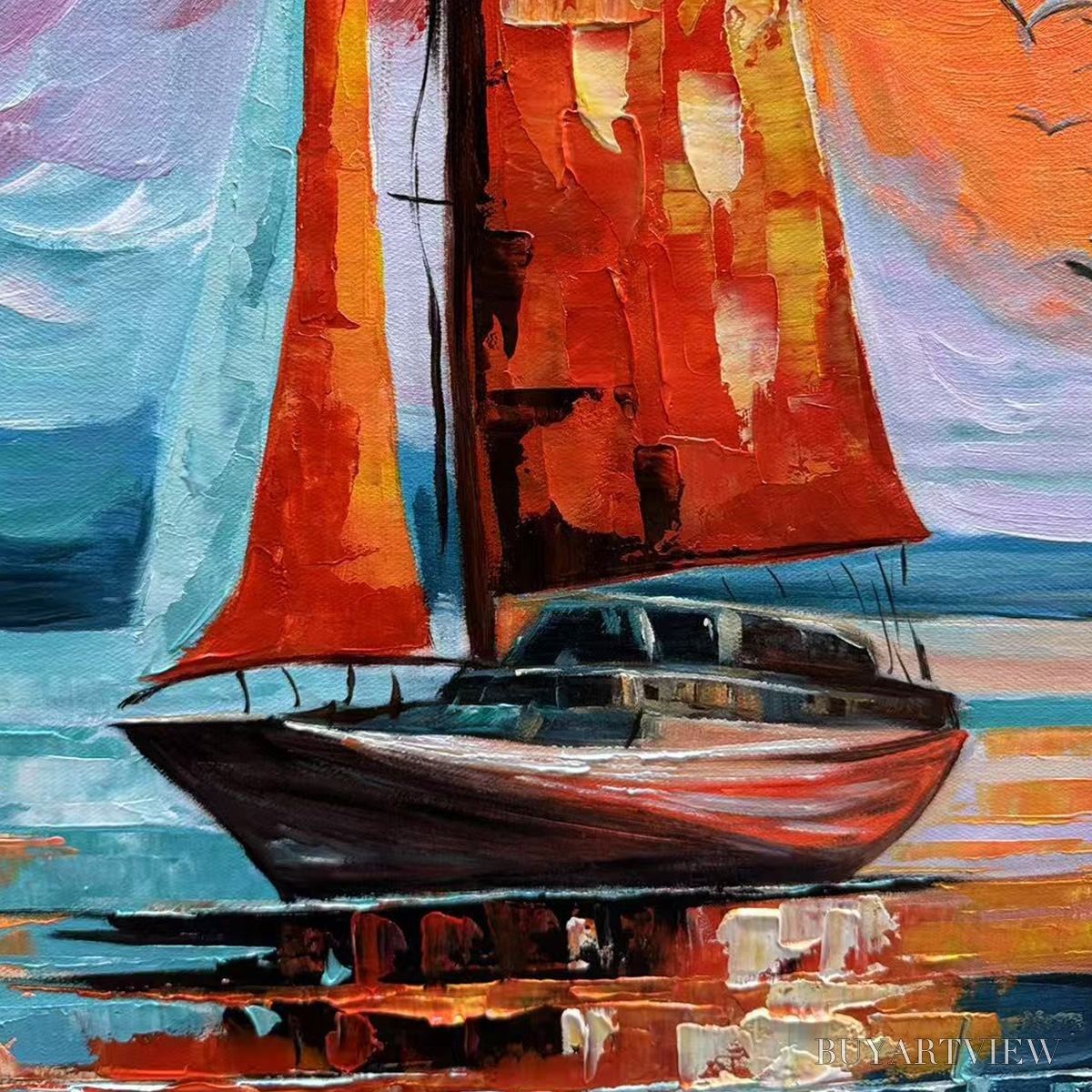 BUYARTVIEW Evening Sail – Square Sailboat Painting, Colorful Sunset - image 3