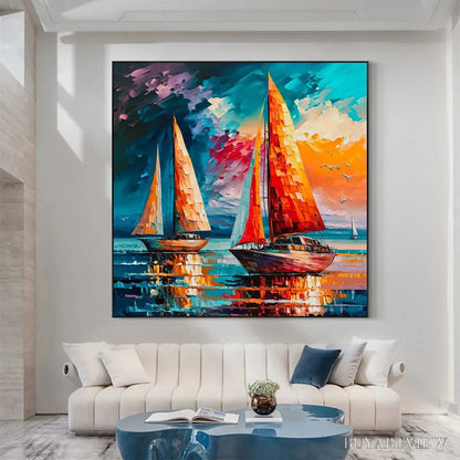 BUYARTVIEW Evening Sail – Square Sailboat Painting, Colorful Sunset - image 4