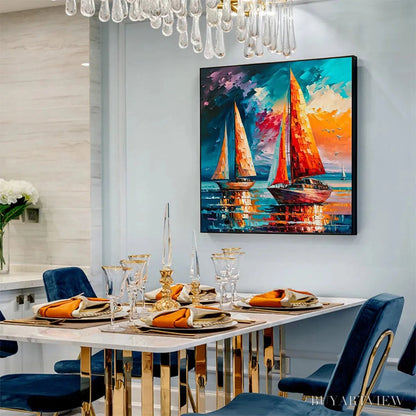 BUYARTVIEW Evening Sail – Square Sailboat Painting, Colorful Sunset - image 5