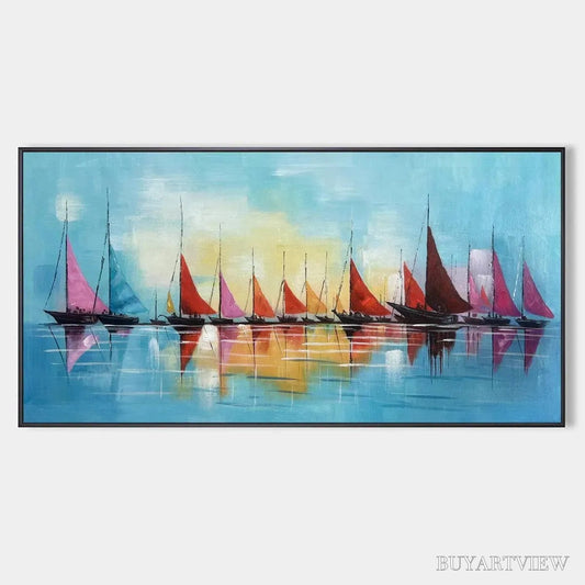 BUYARTVIEW Regatta – Colorful Sailboats Painting, Blue and Orange , Horizontal Canvas, Coastal Decor - image 1