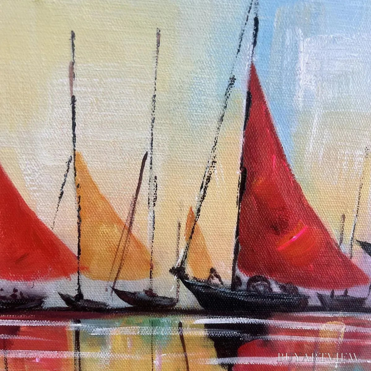 BUYARTVIEW Regatta – Colorful Sailboats Painting, Blue and Orange , Horizontal Canvas, Coastal Decor - image 3