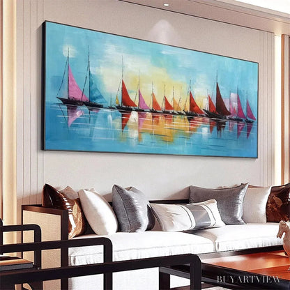 BUYARTVIEW Regatta – Colorful Sailboats Painting, Blue and Orange , Horizontal Canvas, Coastal Decor - image 4