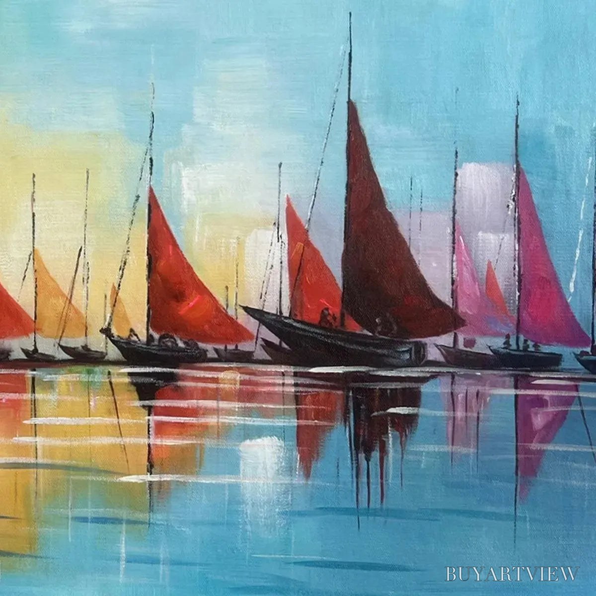 BUYARTVIEW Regatta – Colorful Sailboats Painting, Blue and Orange , Horizontal Canvas, Coastal Decor - image 5