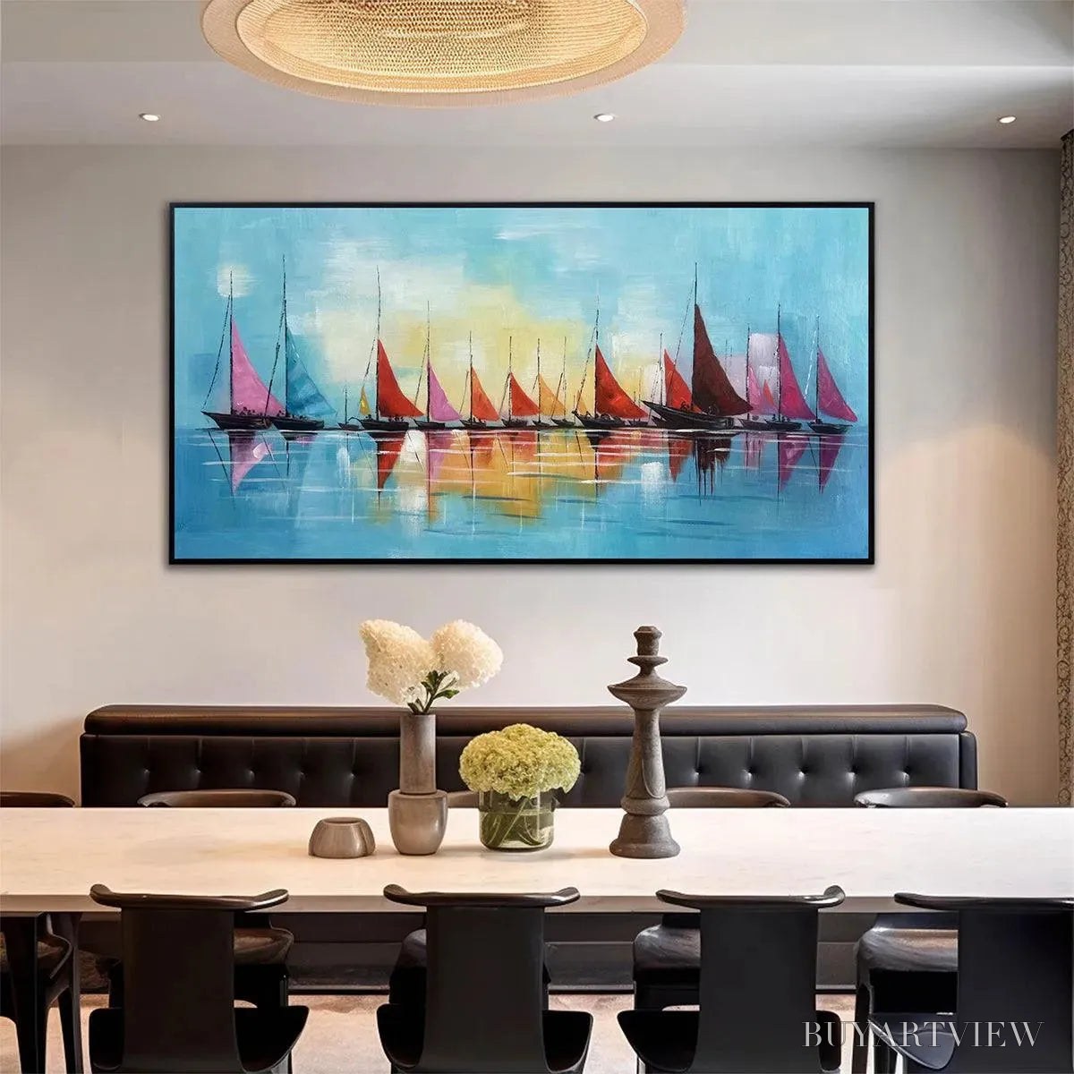 BUYARTVIEW Regatta – Colorful Sailboats Painting, Blue and Orange , Horizontal Canvas, Coastal Decor - image 6