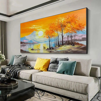 BUYARTVIEW Sunset Landscape Oil Painting - Vibrant Orange Art - image 4