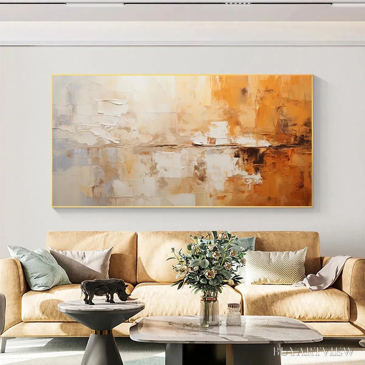 BUYARTVIEW Desert Dusk – Panoramic Abstract Painting in Orange and Beige, Textured Canvas, Modern - image 4