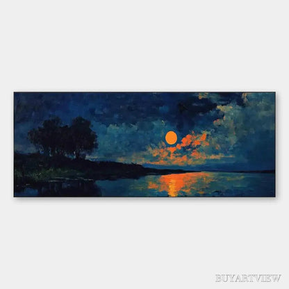 BUYARTVIEW Harvest Moon Over the Lake Panoramic – Landscape Painting, Panoramic , Moonlit Lake Decor - image 1