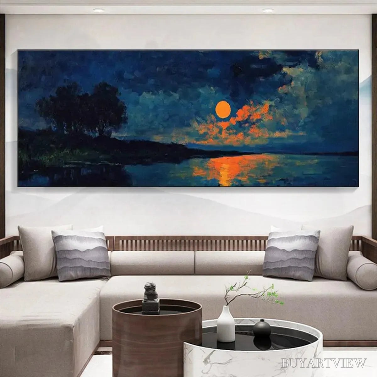 BUYARTVIEW Harvest Moon Over the Lake Panoramic – Landscape Painting, Panoramic , Moonlit Lake Decor - image 2
