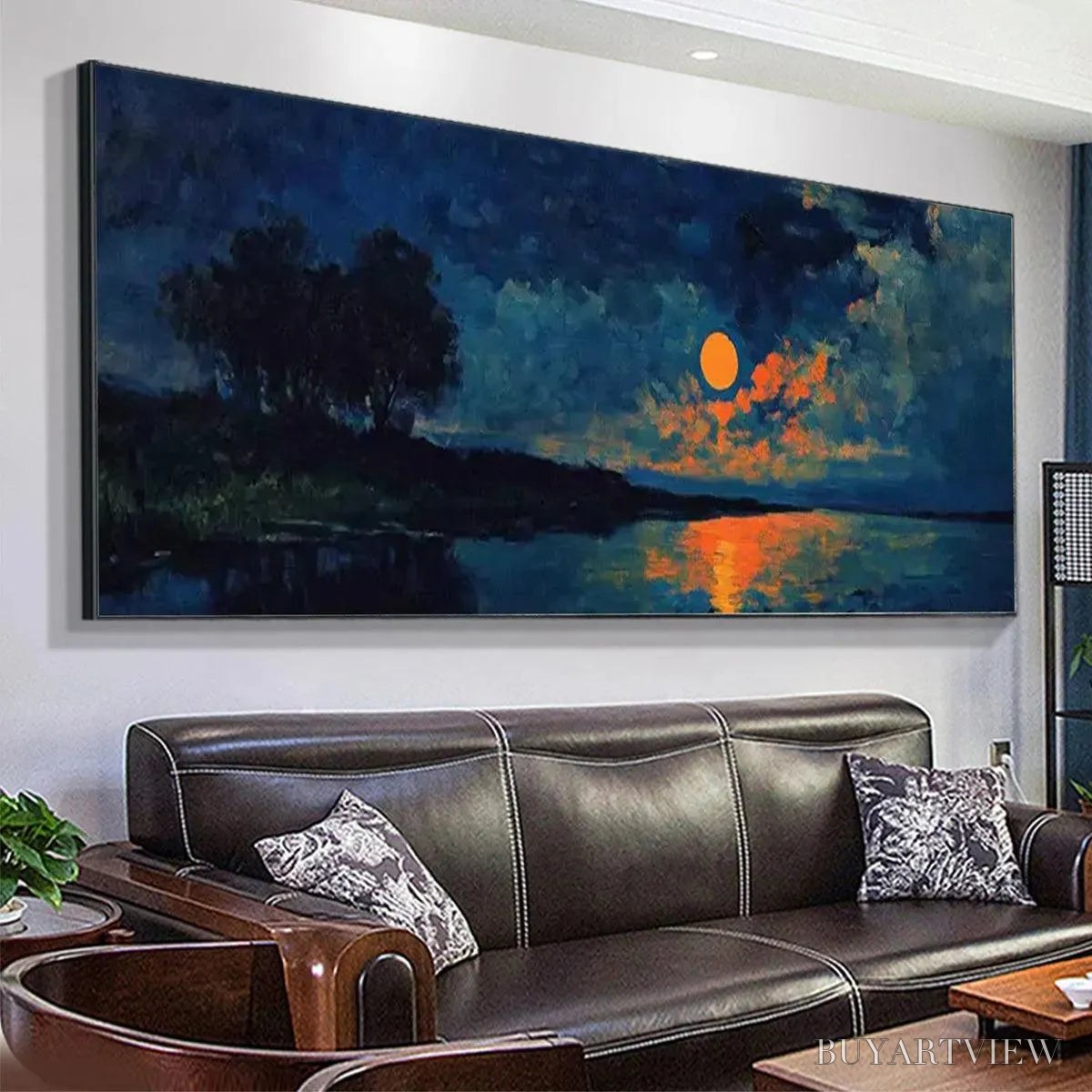 BUYARTVIEW Harvest Moon Over the Lake Panoramic – Landscape Painting, Panoramic , Moonlit Lake Decor - image 5