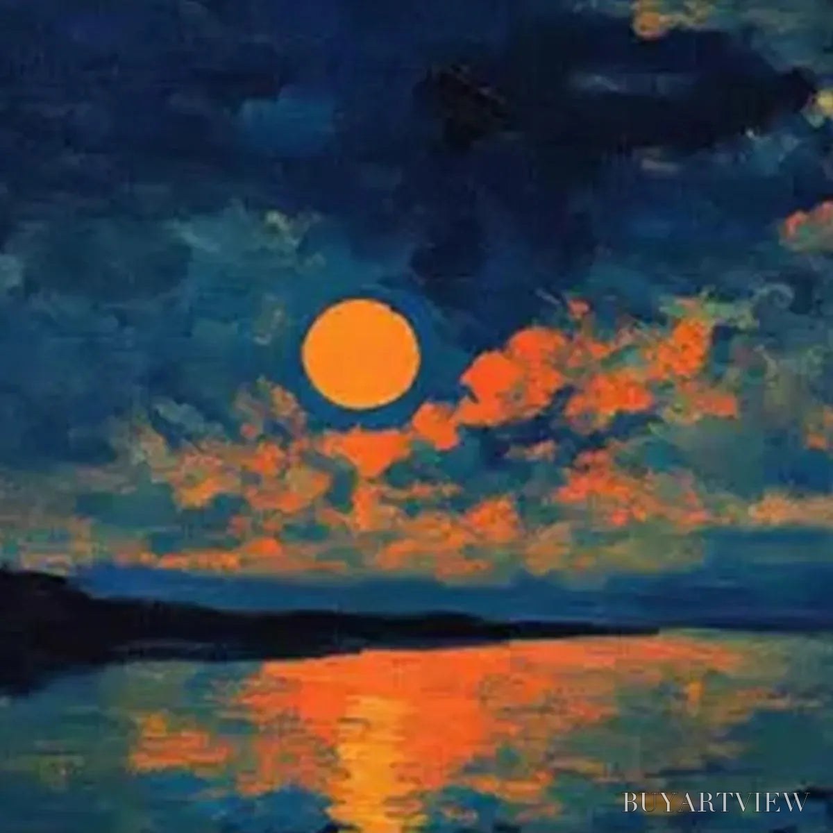 BUYARTVIEW Harvest Moon Over the Lake Panoramic – Landscape Painting, Panoramic , Moonlit Lake Decor - image 6