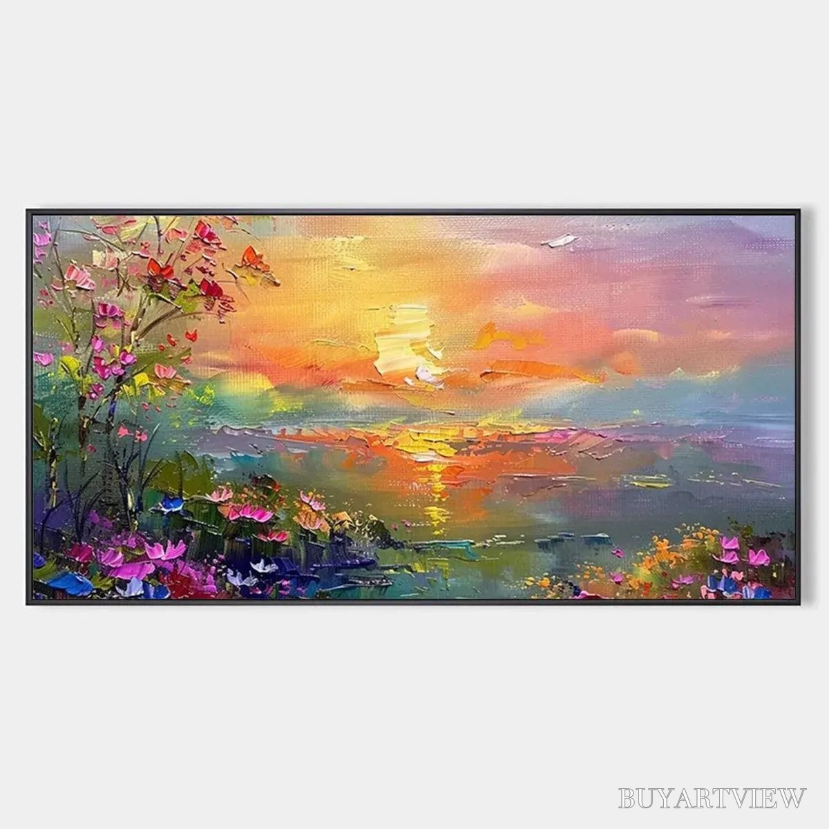 BUYARTVIEW Watercolor Sunset – Impressionistic Landscape Painting with Sunset and Flowers - image 1
