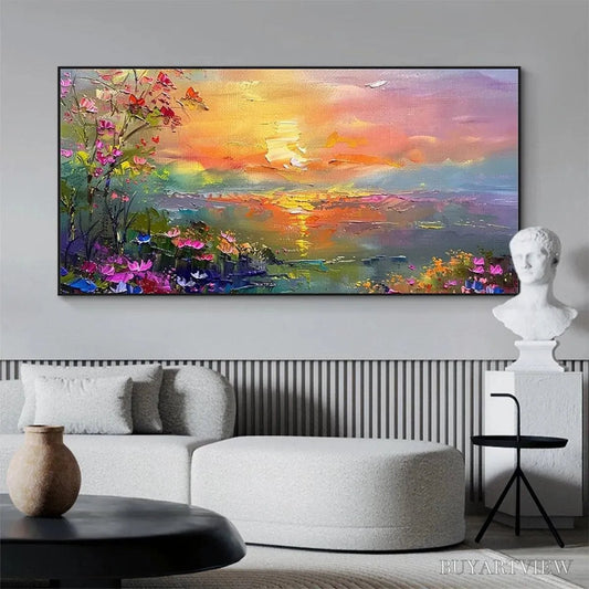 BUYARTVIEW Watercolor Sunset – Impressionistic Landscape Painting with Sunset and Flowers - image 2