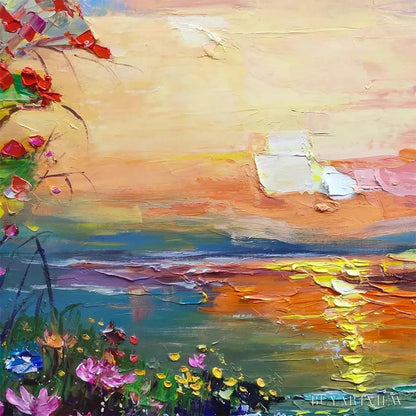 BUYARTVIEW Watercolor Sunset – Impressionistic Landscape Painting with Sunset and Flowers - image 3