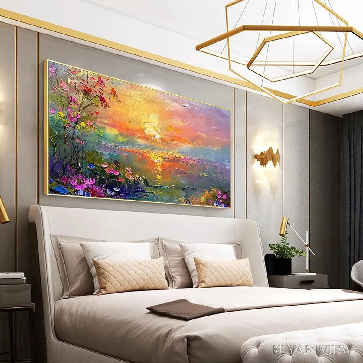 BUYARTVIEW Watercolor Sunset – Impressionistic Landscape Painting with Sunset and Flowers - image 4
