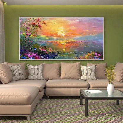 BUYARTVIEW Watercolor Sunset – Impressionistic Landscape Painting with Sunset and Flowers - image 5