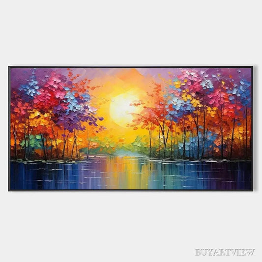 BUYARTVIEW Twilight Reflections – Colorful Landscape Painting of Trees by the Water - image 1