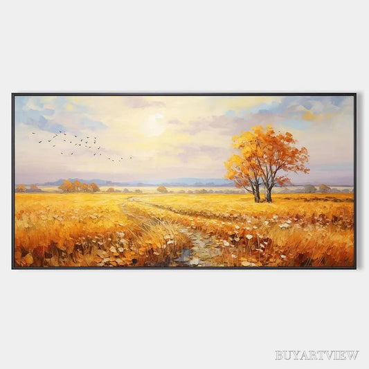BUYARTVIEW Golden Harvest – Landscape Painting of a Golden Field at Sunset - image 1