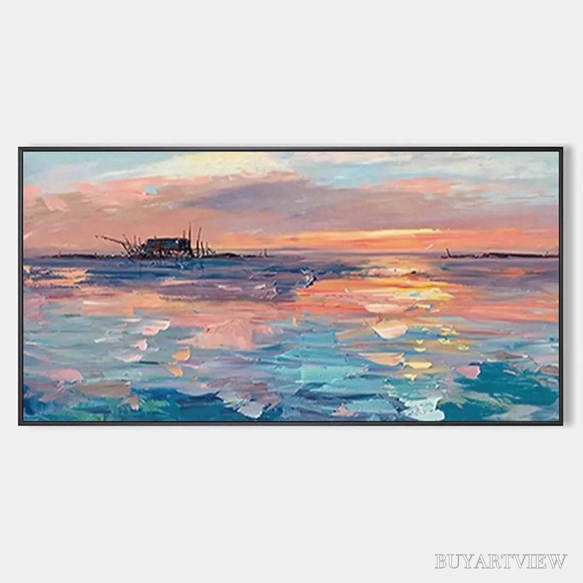 BUYARTVIEW Dusk Reflections – Panoramic Coastal Sunset Painting, Minimalist - image 1