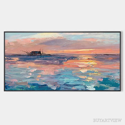 BUYARTVIEW Dusk Reflections – Panoramic Coastal Sunset Painting, Minimalist - image 1