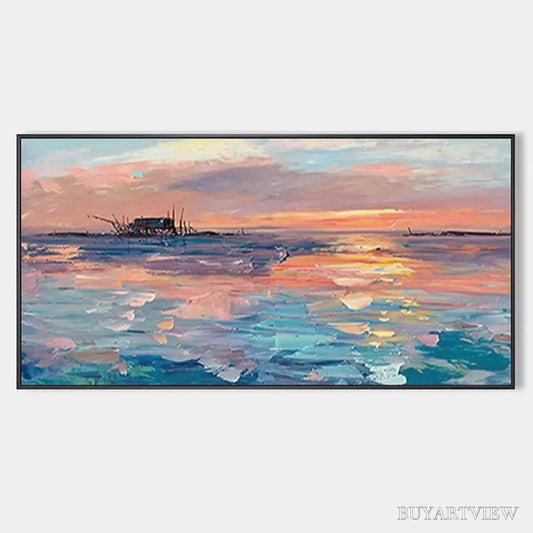 BUYARTVIEW Dusk Reflections – Panoramic Coastal Sunset Painting, Minimalist - image 1