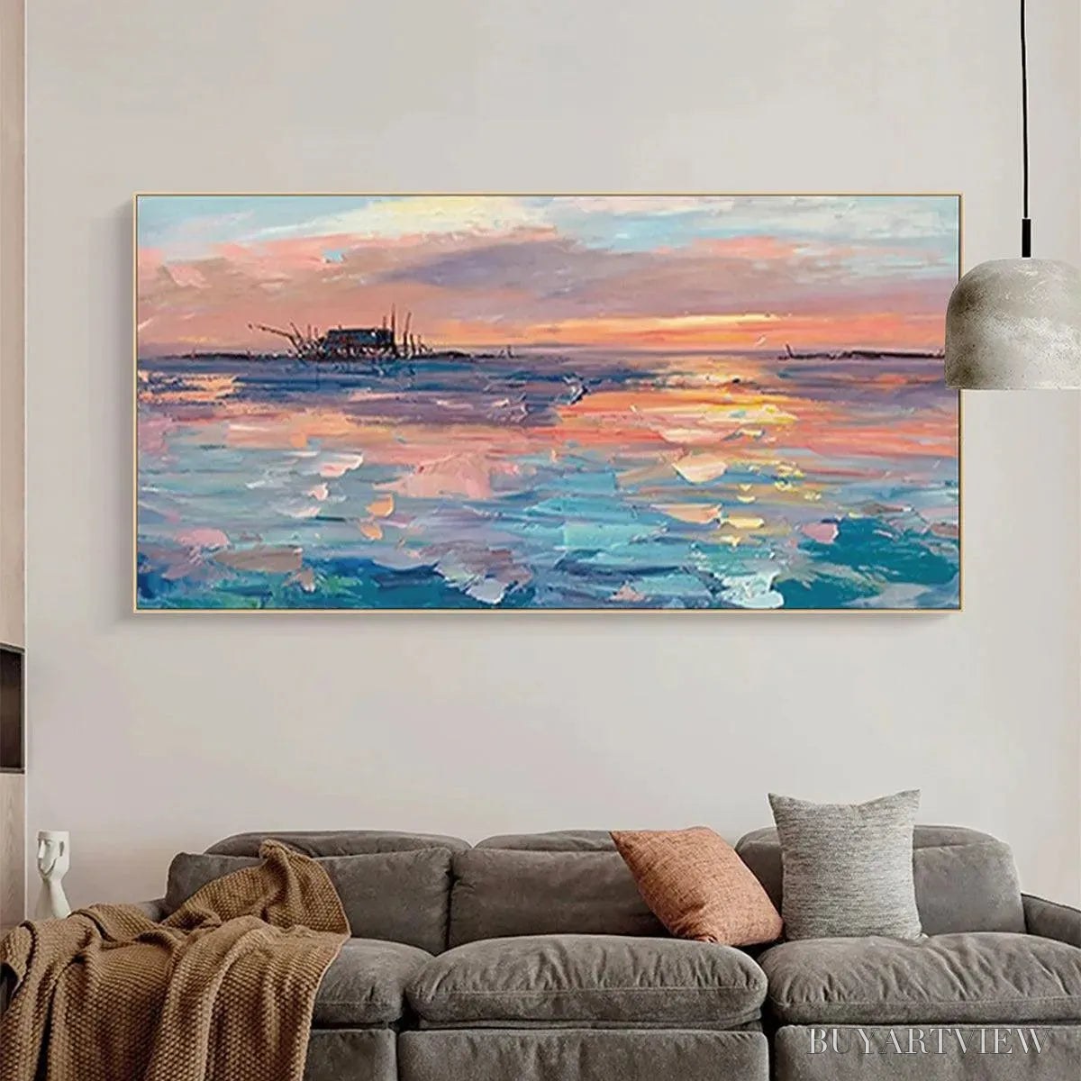 BUYARTVIEW Dusk Reflections – Panoramic Coastal Sunset Painting, Minimalist - image 2