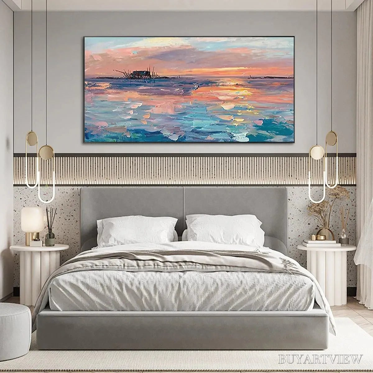 BUYARTVIEW Dusk Reflections – Panoramic Coastal Sunset Painting, Minimalist - image 3