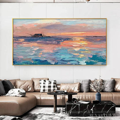 BUYARTVIEW Dusk Reflections – Panoramic Coastal Sunset Painting, Minimalist - image 5