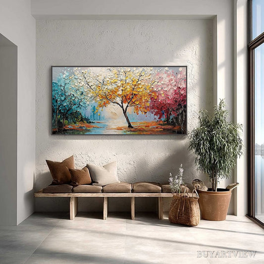 BUYARTVIEW Kaleidoscope of Seasons – Large Textured Palette Knife Tree Landscape Oil Painting - image 2