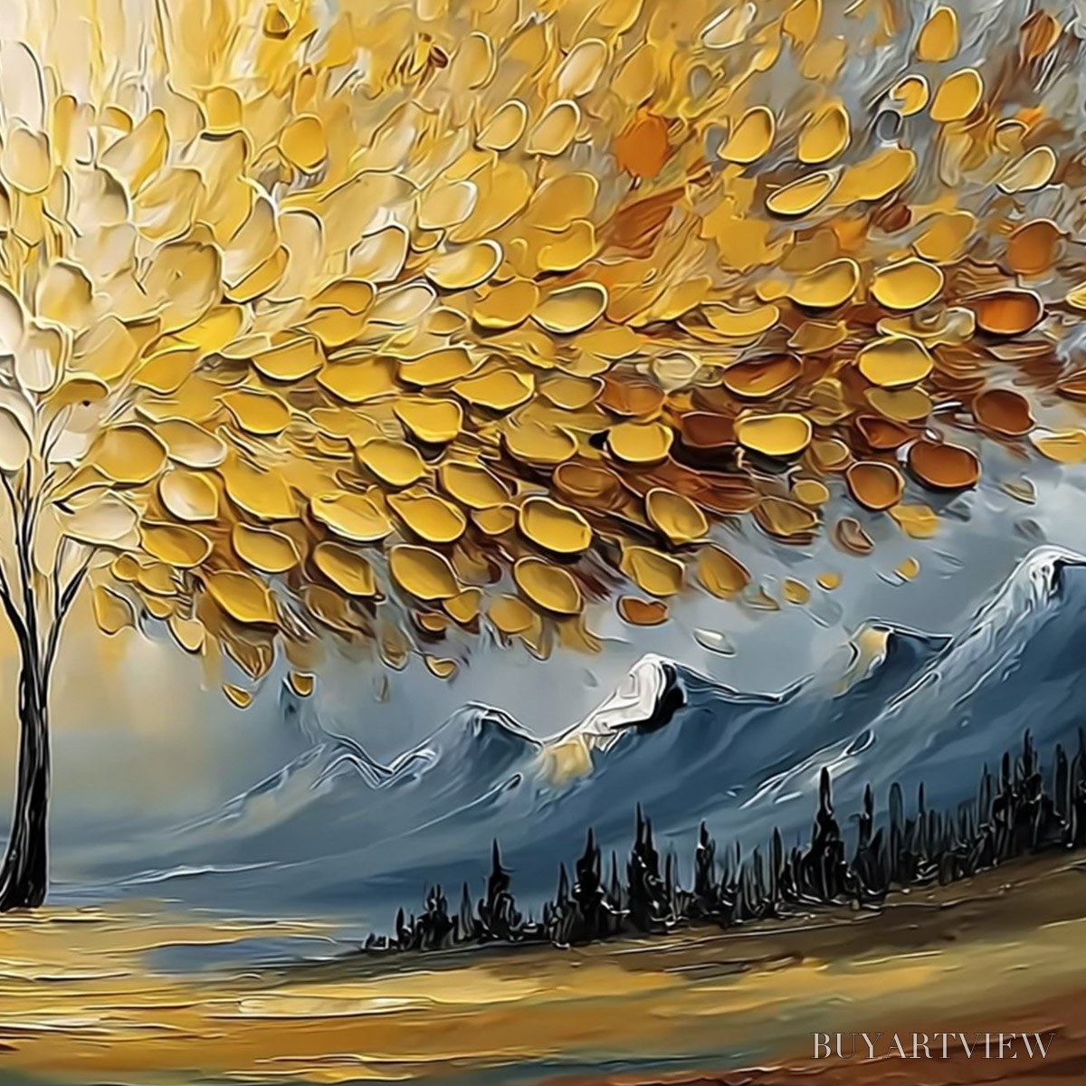 BUYARTVIEW Aura of Gold – Textured Golden Tree of Life Landscape Painting - image 5