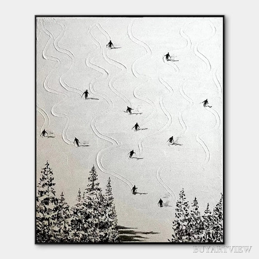 BUYARTVIEW Snow Dance – Minimalist Skiing Painting on Textured Square Canvas - image 1