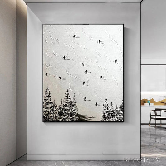 BUYARTVIEW Snow Dance – Minimalist Skiing Painting on Textured Square Canvas - image 2