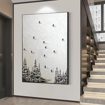 BUYARTVIEW Snow Dance – Minimalist Skiing Painting on Textured Square Canvas - image 5