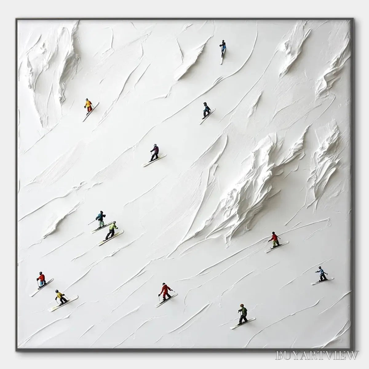 BUYARTVIEW White Rush – Minimalist Skiing Painting on Textured Square Canvas - image 1