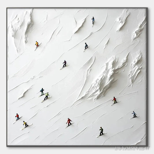 BUYARTVIEW White Rush – Minimalist Skiing Painting on Textured Square Canvas - image 1