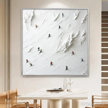 BUYARTVIEW White Rush – Minimalist Skiing Painting on Textured Square Canvas - image 2