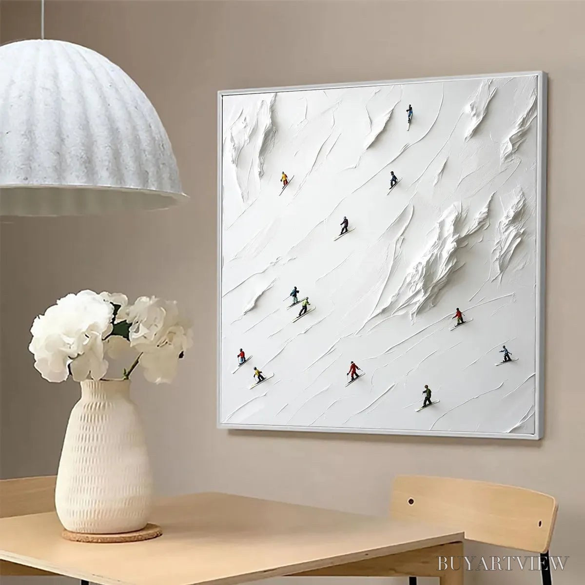 BUYARTVIEW White Rush – Minimalist Skiing Painting on Textured Square Canvas - image 4