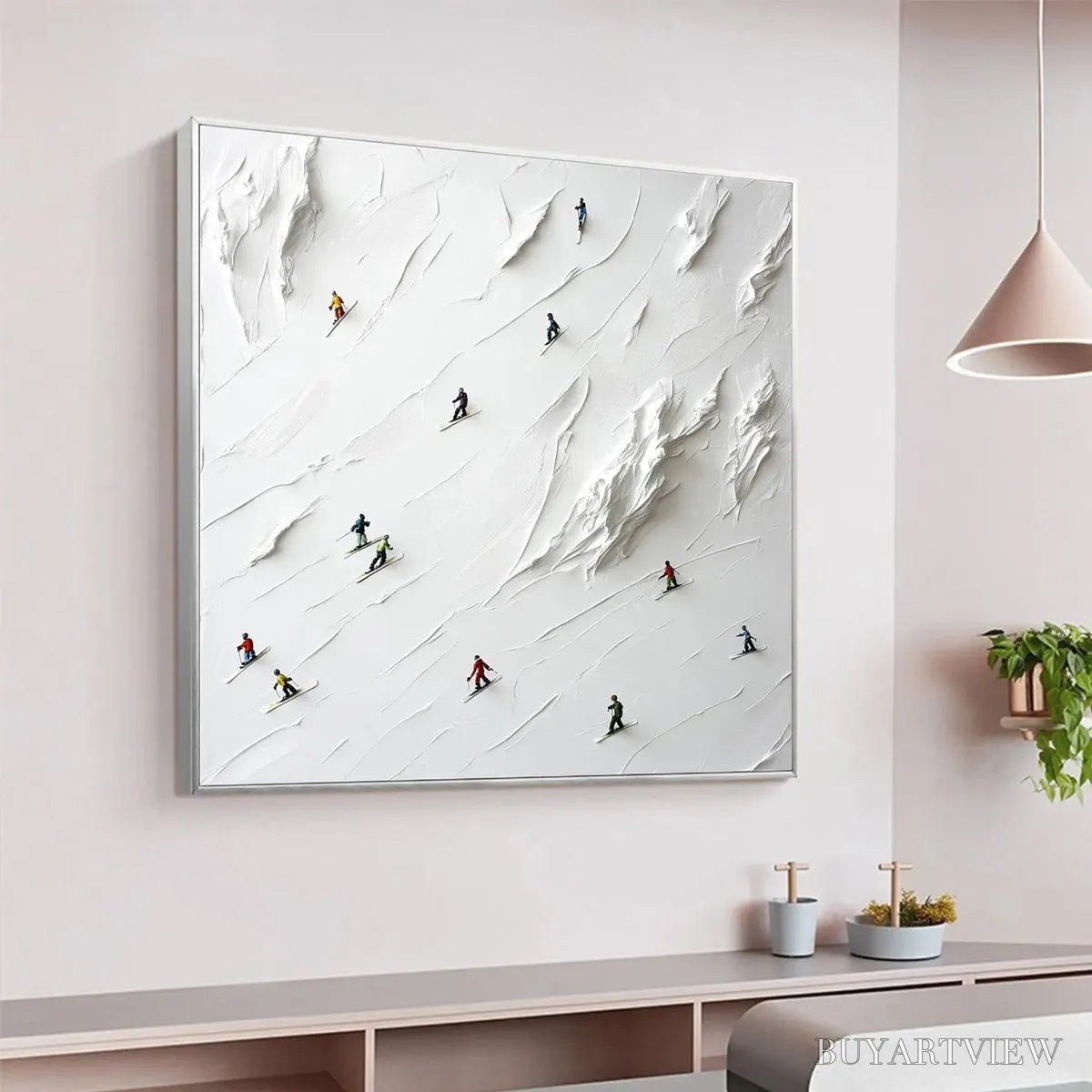 BUYARTVIEW White Rush – Minimalist Skiing Painting on Textured Square Canvas - image 5