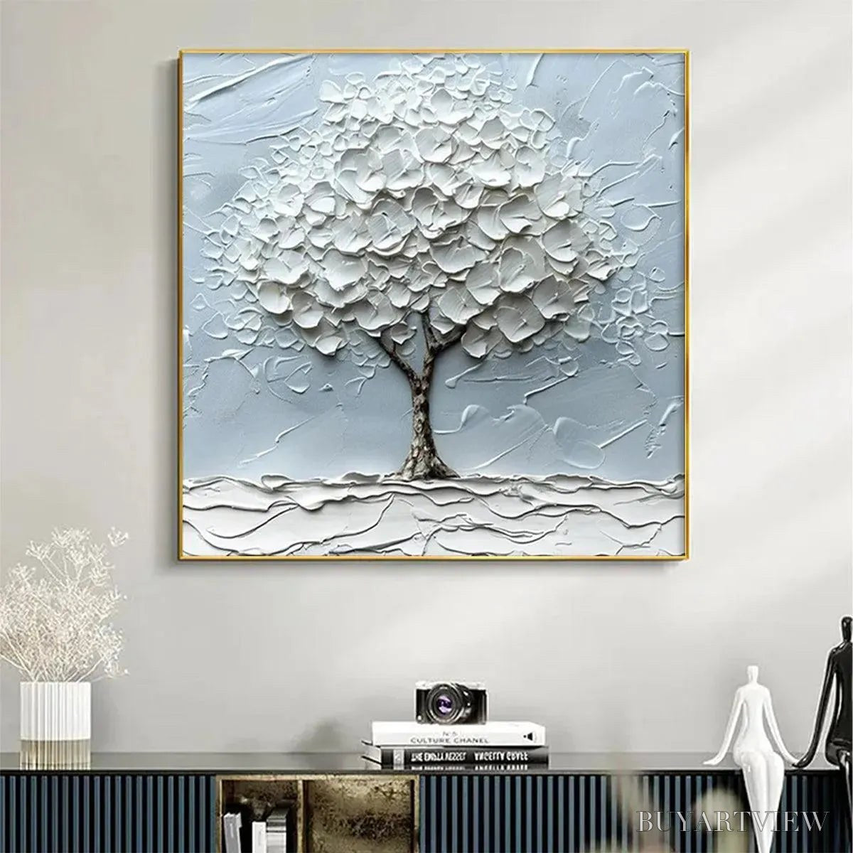 BUYARTVIEW Winter'S Embrace – Textured Tree Painting, Impasto , Square Canvas, Winter Decor, Minimalist Art - image 3