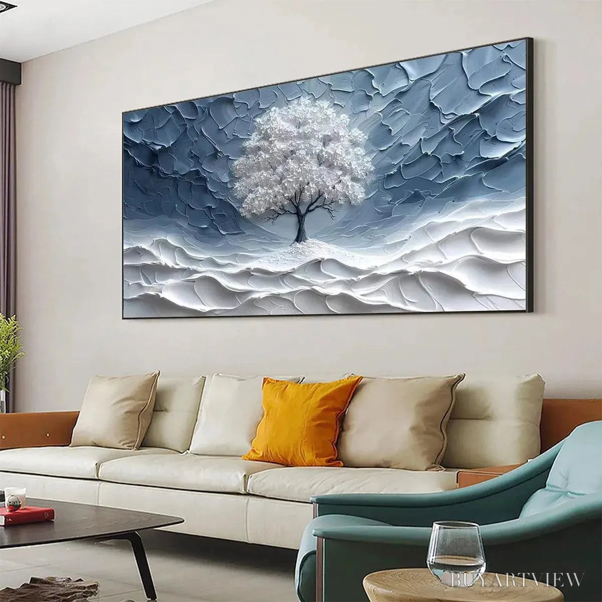 BUYARTVIEW Winter'S Embrace – Textured Winter Landscape Painting, Impasto , Horizontal Canvas, Tree Art - image 4