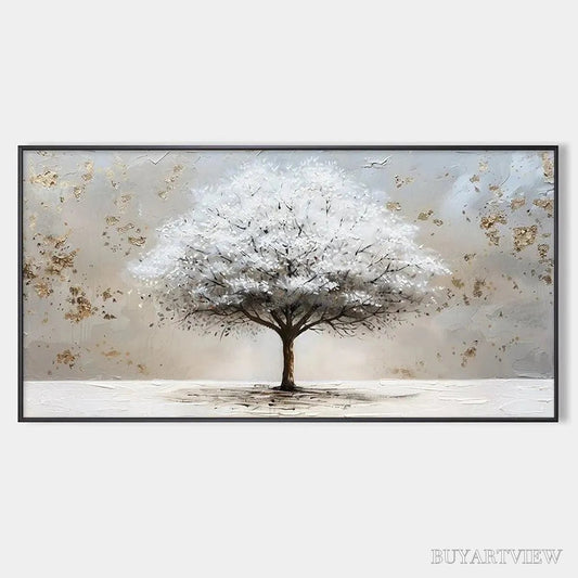 BUYARTVIEW Winter'S Grace – Textured White Tree Painting with Gold Accents on Beige - image 1