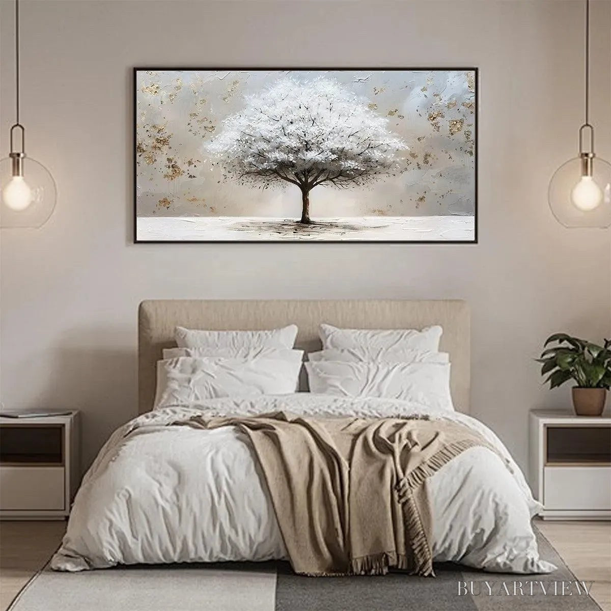 BUYARTVIEW Winter'S Grace – Textured White Tree Painting with Gold Accents on Beige - image 4