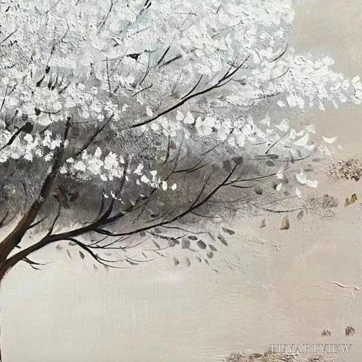 BUYARTVIEW Winter'S Grace – Textured White Tree Painting with Gold Accents on Beige - image 5