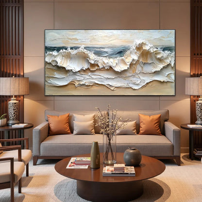COASTAL CRESCENDO: Heavily Textured Impasto Ocean Wave Wall Art