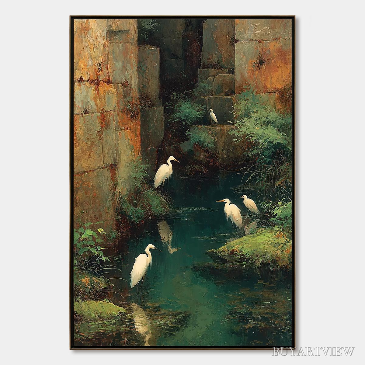 BUYARTVIEW the Forgotten Oasis – Vertical Egret Painting of Birds in a Serene Natural Sanctuary - image 1