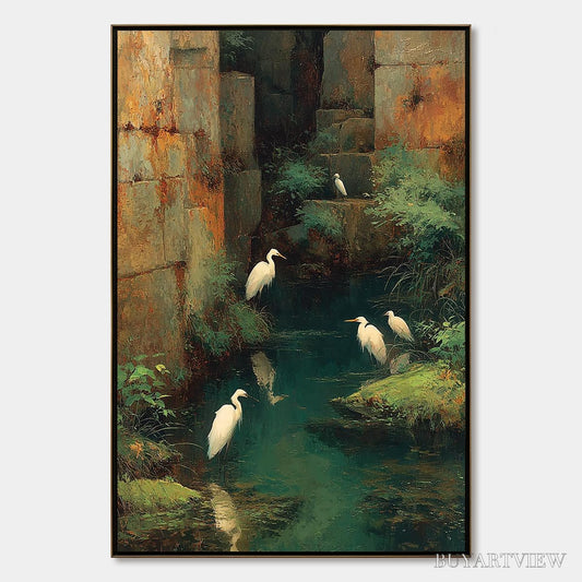 BUYARTVIEW the Forgotten Oasis – Vertical Egret Painting of Birds in a Serene Natural Sanctuary - image 1