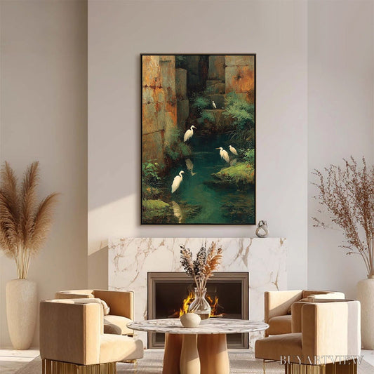 BUYARTVIEW the Forgotten Oasis – Vertical Egret Painting of Birds in a Serene Natural Sanctuary - image 2