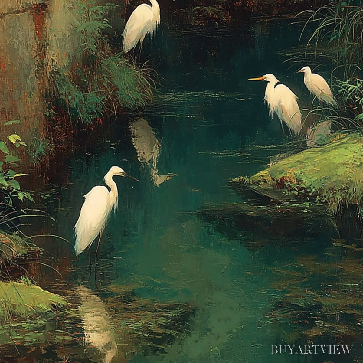 BUYARTVIEW the Forgotten Oasis – Vertical Egret Painting of Birds in a Serene Natural Sanctuary - image 3