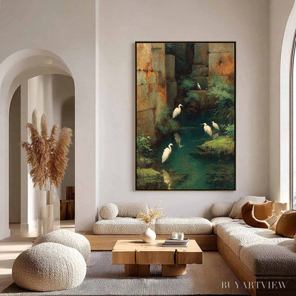 BUYARTVIEW the Forgotten Oasis – Vertical Egret Painting of Birds in a Serene Natural Sanctuary - image 4